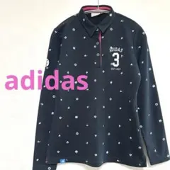 ★アディダスadidasGOLF ロゴ刺繍 ネイビー モノグラム長袖ポロシャツM
