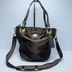 4124△ COACH ブラウン ナイロン ショルダーバッグ 2WAY トート