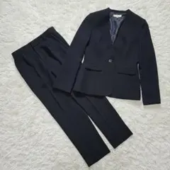 東京ソワール Rifanne ノーカラーパンツスーツ セットアップ 9号 濃紺