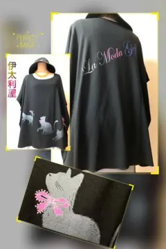 伊太利屋 ❤︎ lamodagoji猫プリント ビジュー装飾 オーバーカットソーのサムネイル