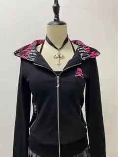 ドクロジップパーカー y2k グランジ 黒 パンク スカル 骸骨 英字