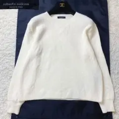 美品 ロベルトコリーナ メリノウール ミドルゲージ クルーネック ニット 白系