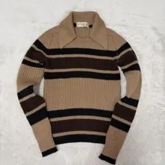 ストライプ ボーダーニット長袖セーター ベージュ ウール100%