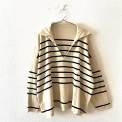 ☆ニット ボーダー柄 ドロップショルダー サイドスリット Vネック 長袖 F