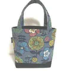 ハンドメイドミニトートバッグ　北欧花柄　ボタニカル　スチールグレー