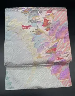 高級　洒落帯　袋帯　♢ 正絹　金糸　銀糸　鶴　幾何学模様　R375