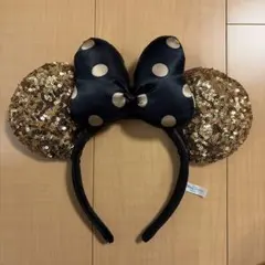 ディズニー ミニー カチューシャ スパンコール ゴールド 黒リボン