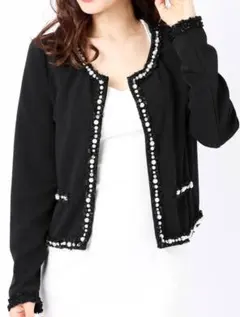 ビーズ装飾付き 黒長袖カーディガン