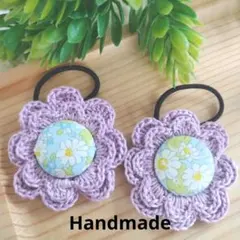 ハンドメイド　パープル×花柄　ヘアゴム