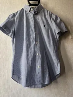 ポロラルフローレン ワンポイント刺繍 ストライプ半袖シャツブラウス 白✕青