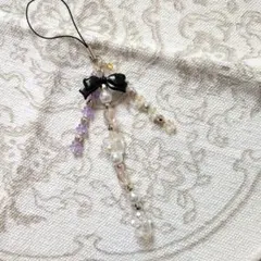 ハンドメイドビーズ リボン付き携帯ストラップ