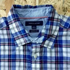 トミーヒルフィガー　チェック柄半袖シャツ　M　US古着　送料無料！　[367]