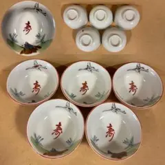 時代物 鶴 亀 松 猪口 寿 5客 盃 ぐい呑み 小鉢 縁起物 酒器 和食器