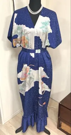 No.176新品振袖リメイク　V開きHロングワンピース&リボン　手描き　金彩