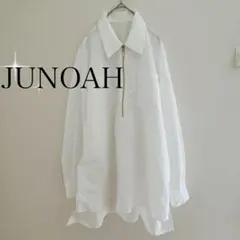 JUNOAH ハーフジップスキッパー長袖コットンシャツ（M）白　金金具　シンプル