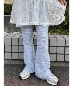 WC パンツ　クリンクルフレアパンツライトブルーフリル　カジュアルイージーパンツ