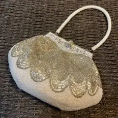 レトロ　vintageビーズ刺繍 パーティーバッグ ホワイト/ゴールド
