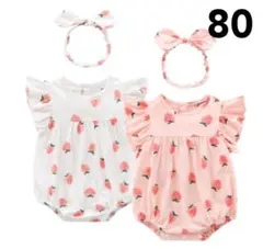 ラスト1点⭐️ヘアバンド付き♡苺柄ノースリーブフリルロンパース　ホワイト80