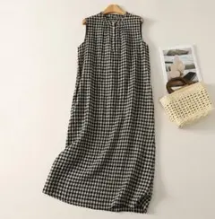 ノースリーブ シャツワンピース Aライン 袖なし チェック柄 マキシワンピース
