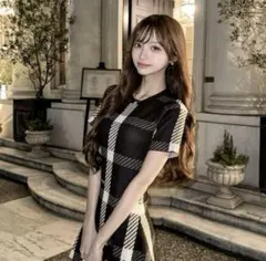 AVEC TOI エターナル半袖チェックワンピース M ブラック ホワイト