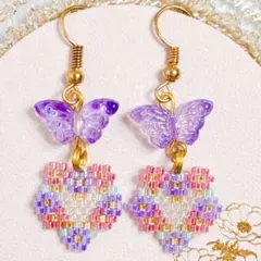 【ピアス/イヤリング】ピアス バタフライ 蝶々 花 春 ピンク&パープル