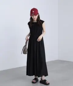 ジャスグリッティー ヘンリードロストワンピース ブラック 半袖ロング