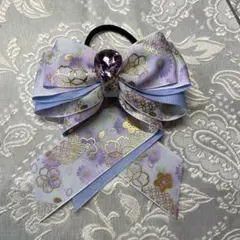 和柄花柄リボン ヘアゴム 紫と青