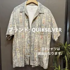 サーフ系　QUIKSILVER ハワイアン柄 半袖アロハシャツ 淡いブルー系Lのサムネイル