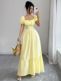SHEIN イエロー フリルワンピース Elenzga バブルスリーブドレス