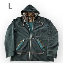 カジュアル✨ジップアップパーカー エスニック柄 メンズ ダークグリーンLサイズ