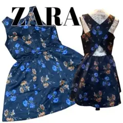 ノースリーブ　ワンピース　ZARA 花柄　フラワー　ネイビー　個性的　ザラ