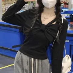 SHEIN シーイン Lサイズ リボンデザイン 長袖 トップス ブラック