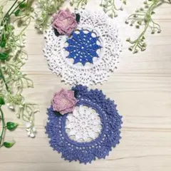 手作り レース コースター 2枚セット ドイリー かぎ針編み 花付き レース編み
