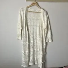 アイボリー レース編み ロングカーディガン