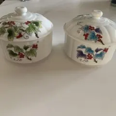 青田焼 蓋付き煮物椀 手描きブドウ ２個セット