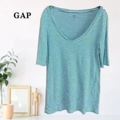 zC1085【L】GAP ギャップ Tシャツ カットソー ボーダー柄 Vネック