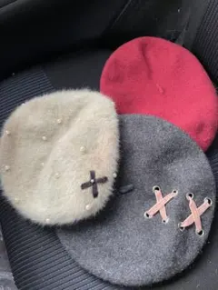 ベレー帽 3点セット 赤 グレー クリーム