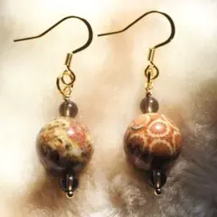 ピアス/イヤリング フォッシルコーラル×3Aスモーキークォーツ