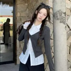 グレー レイヤード カーディガン　春服　シャツ