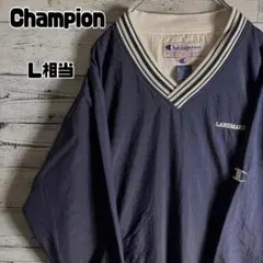 チャンピオン　ナイロンプルオーバー Vネック 刺繍ロゴ 紺　ビッグシルエット