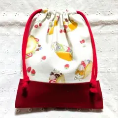 ハンドメイド、猫ちゃん、パンケーキ柄の給食袋、巾着袋、コップ入れ、切り替え赤