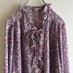 花柄　ブラウス　フリル　リボン　シフォン　ビンテージ　ヴィンテージ ブルーグレー