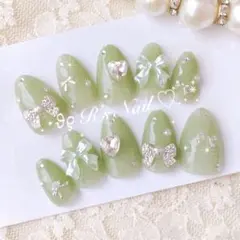 ネイルチップ ちゅるん 緑 グリーン フレンチガーリー ワンホン 量産型 韓国