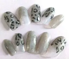 27現品♡y2kヒョウ柄×マグネットグレーハンドメイドネイル　ワンホン