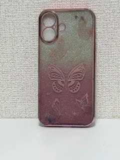 iPhone16用ケース 蝶柄 グラデーション ピンク ラメ
