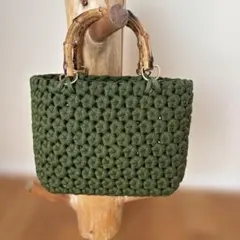 クラフトバンド　花結び編み　かごバッグ　ハンドメイド　モスグリーン
