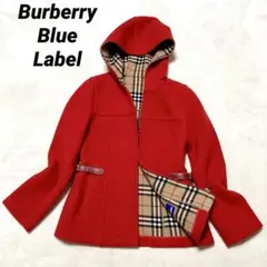 バーバリーブルーレーベル　ウールコート　フード付　裏ノバチェック　赤　レッド　M