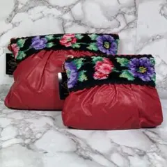 FEILER フェイラー　花柄ポーチ大小セット　赤