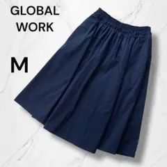 【グローバルワーク】ウエストゴム　ミディ丈フレアロングスカート Mネイビー　無地