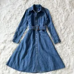 ポロラルフローレン デニムシャツワンピース フレア ベルト 長袖 M相当 ブルー